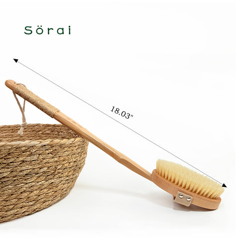 Curved Handle Detachable Boar Bristle Bath Brush - Dry & Wet Body Scrubber for Lymphatic Massage, Exfoliation & Anti-Cellulite Care | Ergonomic Back Shower Brush with Replaceable Head